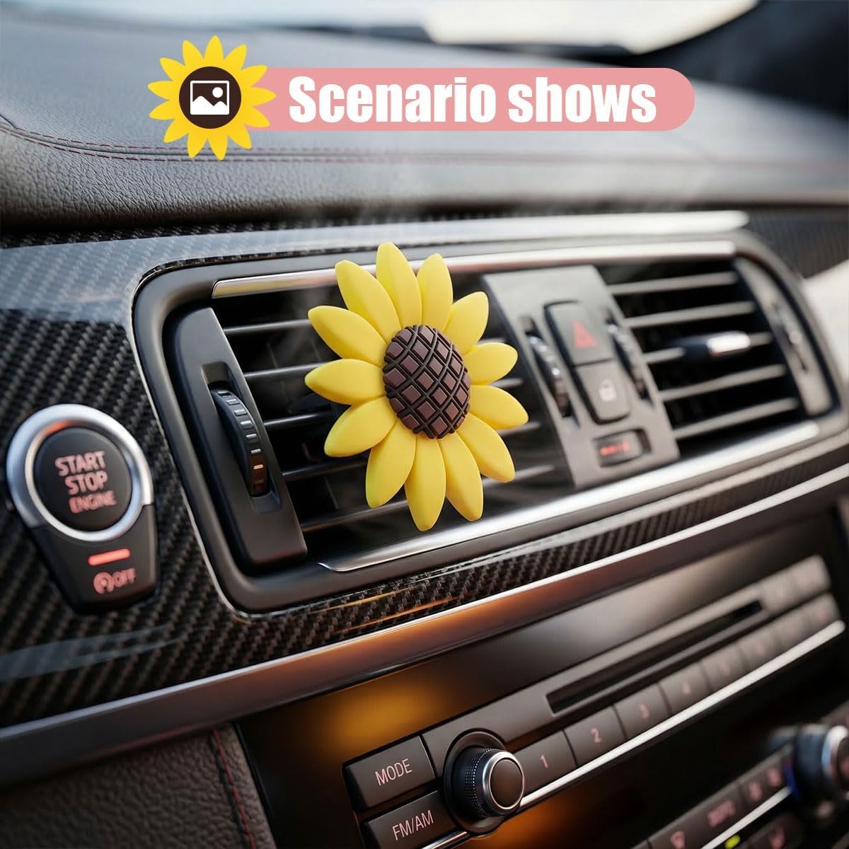 Sunflower Air Vent Clip, Sunflower Car Air Vent Decoration, Cute Car Clip Interior Air Conditioner Outlet Clip Charm, Flower Prensent Accessories for Women, Yellow (2PCS)