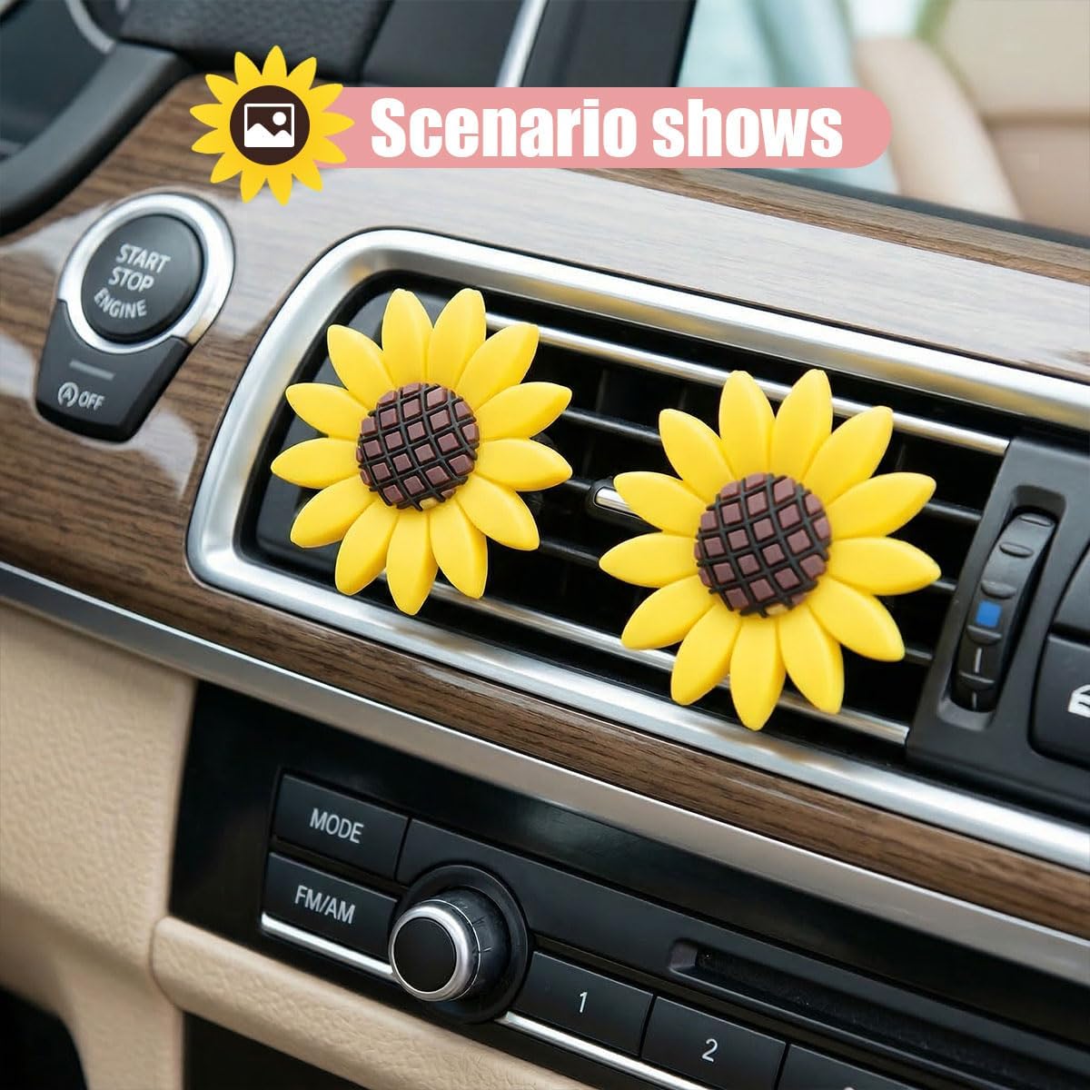 Sunflower Air Vent Clip, Sunflower Car Air Vent Decoration, Cute Car Clip Interior Air Conditioner Outlet Clip Charm, Flower Prensent Accessories for Women, Yellow (2PCS)
