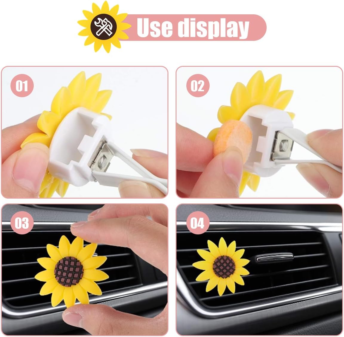 Sunflower Air Vent Clip, Sunflower Car Air Vent Decoration, Cute Car Clip Interior Air Conditioner Outlet Clip Charm, Flower Prensent Accessories for Women, Yellow (2PCS)