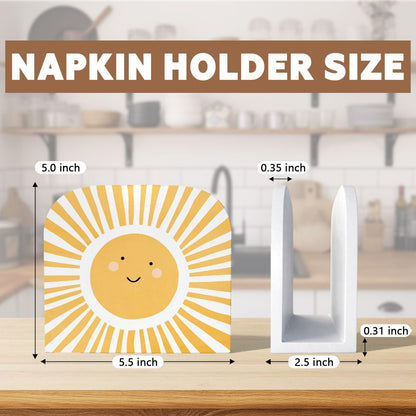 Boho Sun Wood Napkin Holder for Table, Yellow Cute Sunshine Sunlight Wooden Standing Napkin Dispenser for Home Kitchen Dining Room Party Cafe Bar Decorations