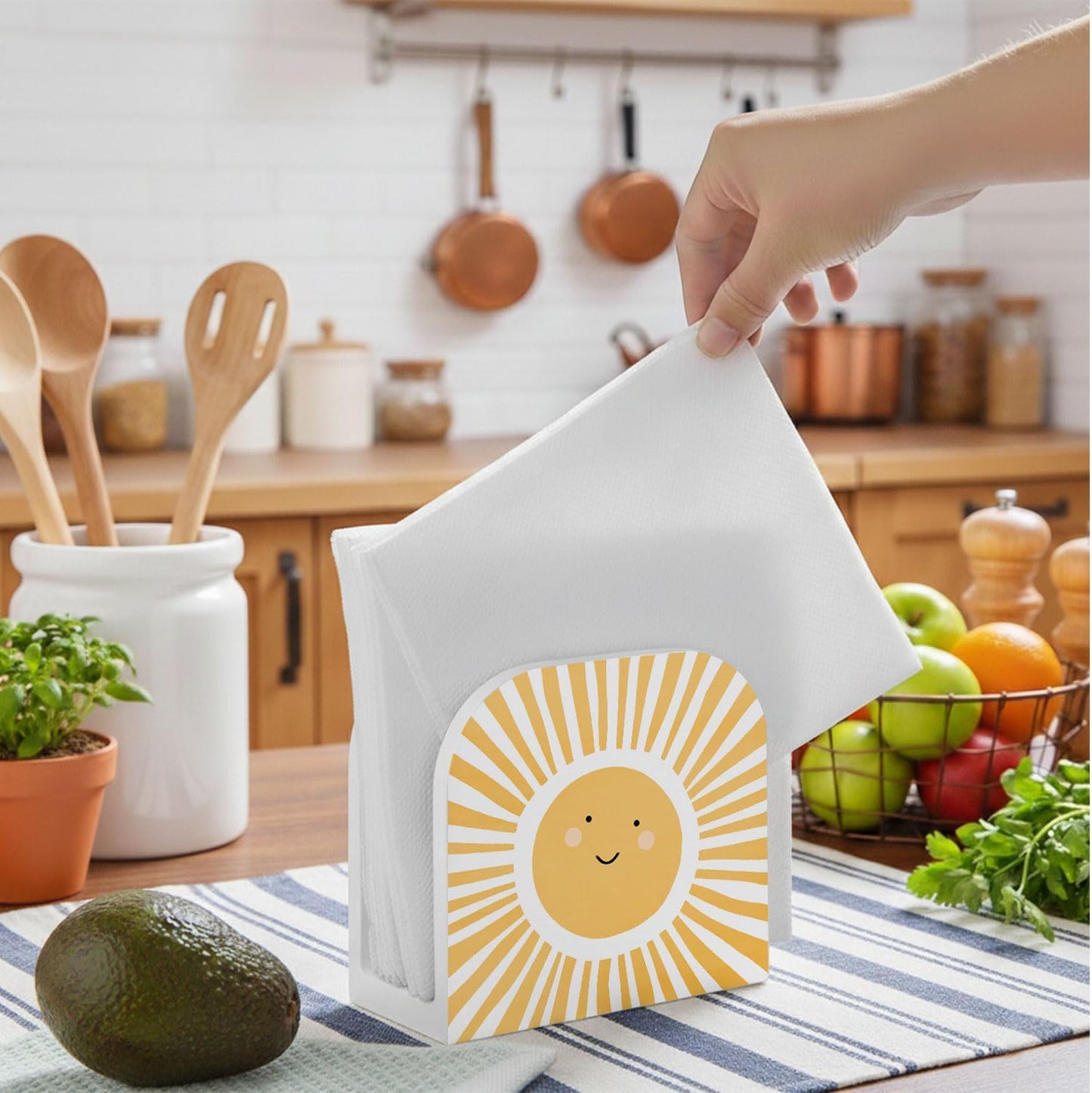 Boho Sun Wood Napkin Holder for Table, Yellow Cute Sunshine Sunlight Wooden Standing Napkin Dispenser for Home Kitchen Dining Room Party Cafe Bar Decorations