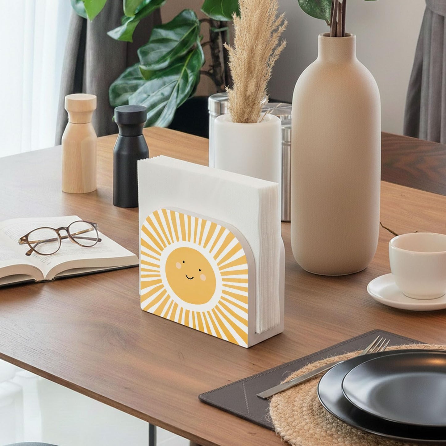 Boho Sun Wood Napkin Holder for Table, Yellow Cute Sunshine Sunlight Wooden Standing Napkin Dispenser for Home Kitchen Dining Room Party Cafe Bar Decorations