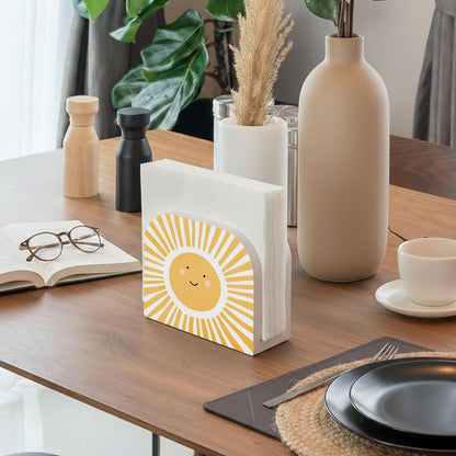 Boho Sun Wood Napkin Holder for Table, Yellow Cute Sunshine Sunlight Wooden Standing Napkin Dispenser for Home Kitchen Dining Room Party Cafe Bar Decorations