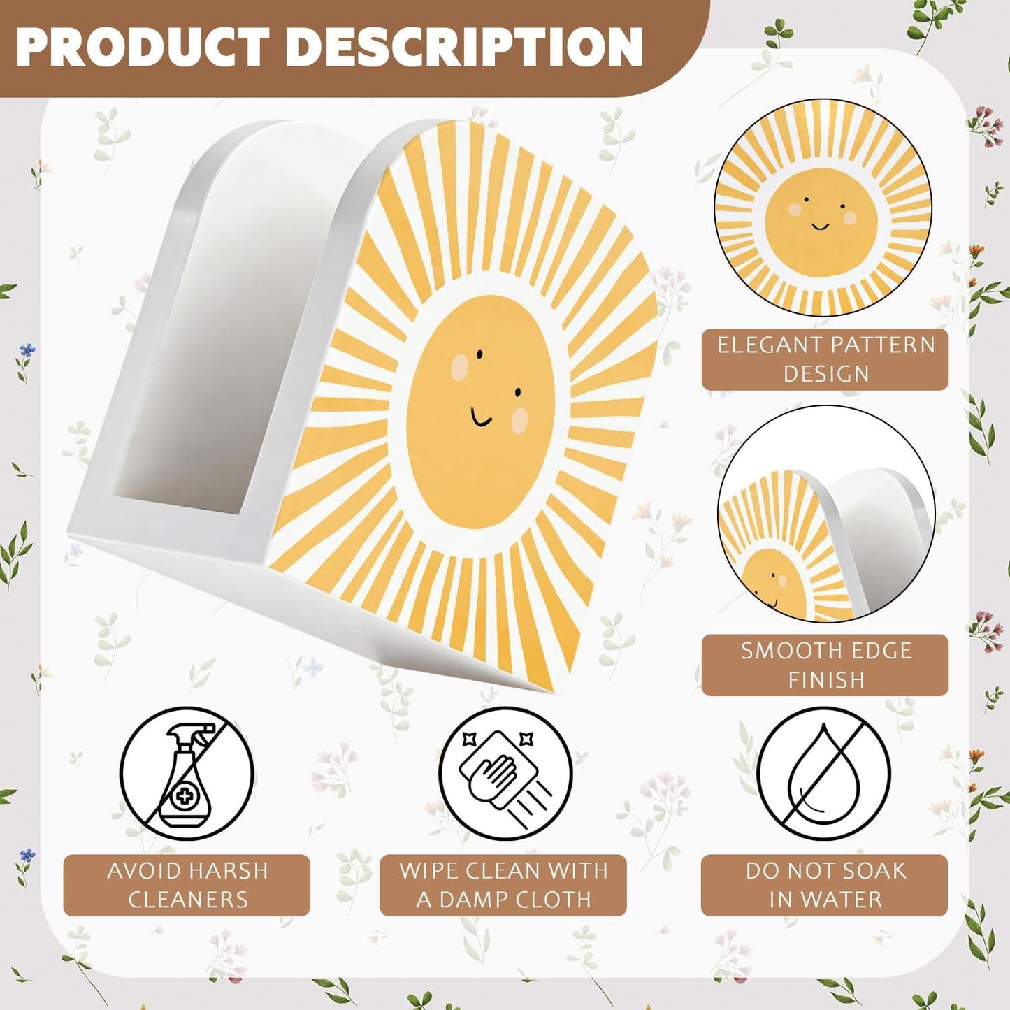 Boho Sun Wood Napkin Holder for Table, Yellow Cute Sunshine Sunlight Wooden Standing Napkin Dispenser for Home Kitchen Dining Room Party Cafe Bar Decorations