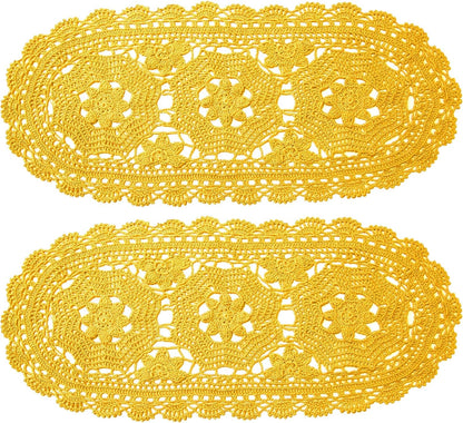 Handmade Crochet Beauiful Hollow 3 Flowers Lace Doilies Oval Tablecloth Placemat Wedding Room Table Desk Vase Mats Home Kitchen Placemats (10" x 22",Pack of 2 PC, Yellow)