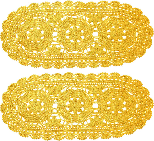 Handmade Crochet Beauiful Hollow 3 Flowers Lace Doilies Oval Tablecloth Placemat Wedding Room Table Desk Vase Mats Home Kitchen Placemats (10" x 22",Pack of 2 PC, Yellow)