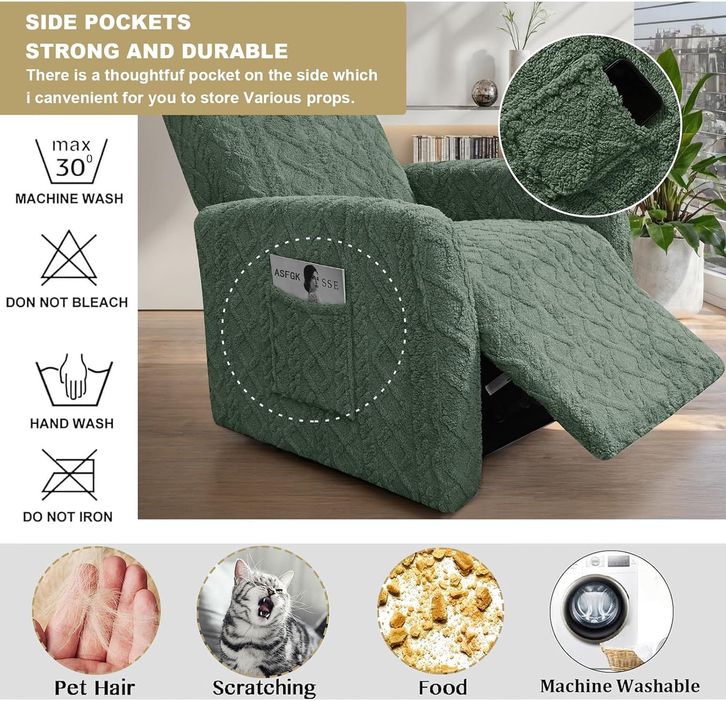 Recliner Chair Covers Small Lazy Boy Reclining Slipcover,Green | 4 Pieces Stretch Plush Small Recliner Sofa Slipcover with Pocket,Pets Friendly,Furniture Protector for Living Room
