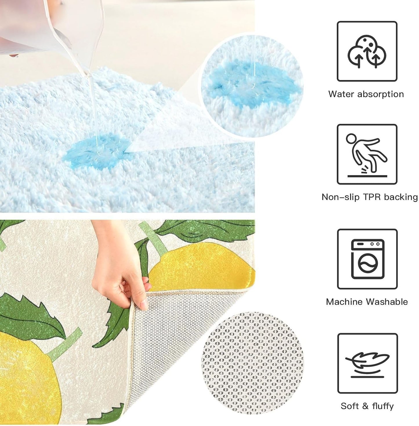 Yellow Lemon Bath Mats for Bathroom Floor Ultra Soft Bathmat Absorption Bathroom Rugs Non Slip Washable-Re