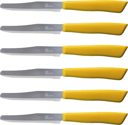 6 kitchen Knives - 4.3"/11cm Italian Stainless Steel Serrated Vegetable/Steak/Table Knife Cutlery, Rounded Tip (Yellow)