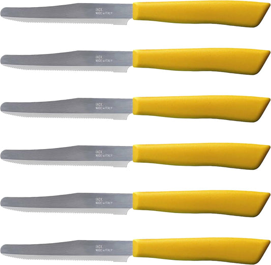 6 kitchen Knives - 4.3"/11cm Italian Stainless Steel Serrated Vegetable/Steak/Table Knife Cutlery, Rounded Tip (Yellow)