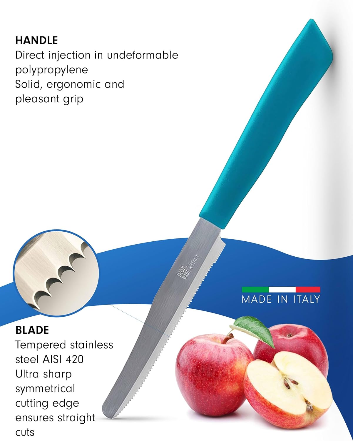 6 kitchen Knives - 4.3"/11cm Italian Stainless Steel Serrated Vegetable/Steak/Table Knife Cutlery, Rounded Tip (Yellow)