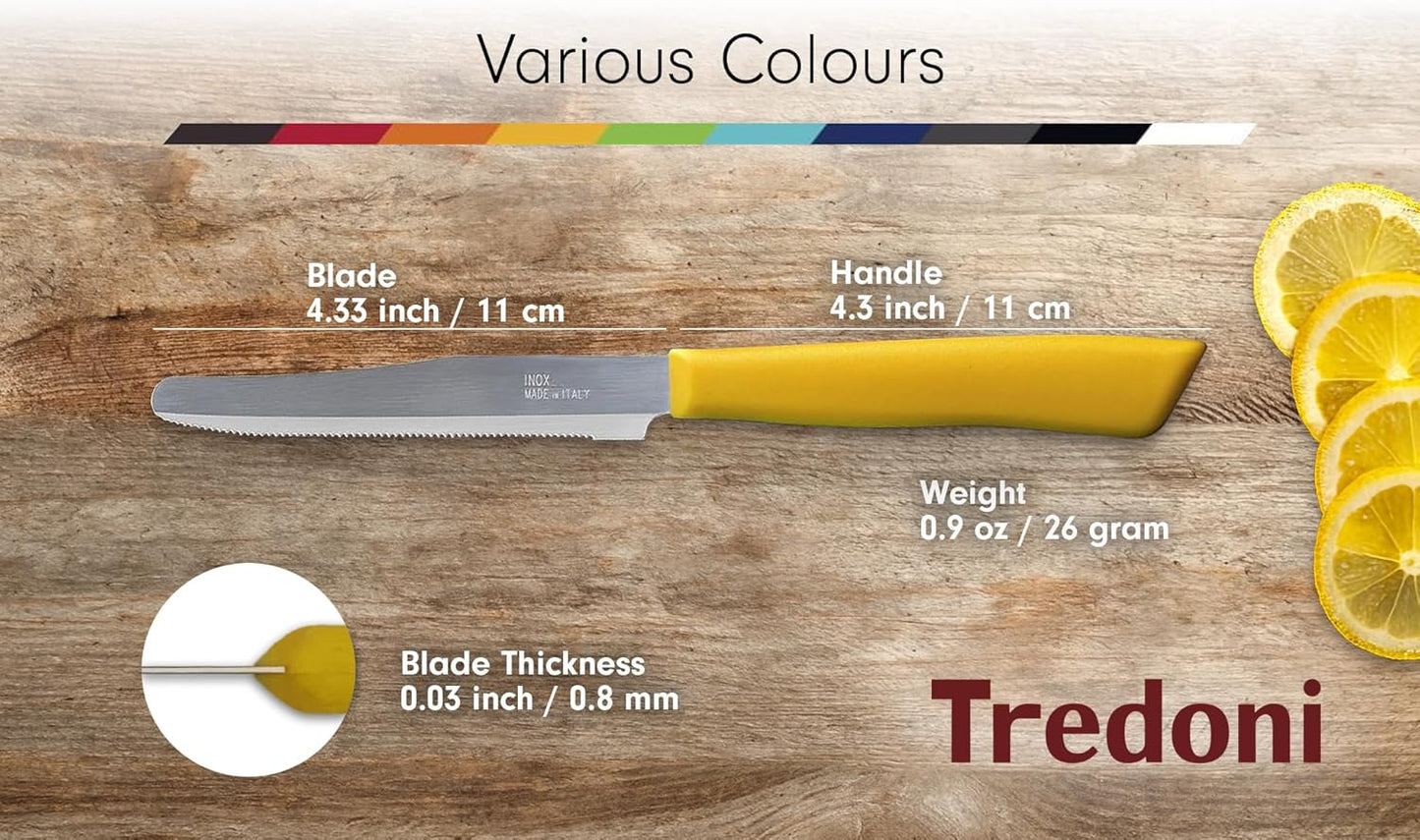 6 kitchen Knives - 4.3"/11cm Italian Stainless Steel Serrated Vegetable/Steak/Table Knife Cutlery, Rounded Tip (Yellow)