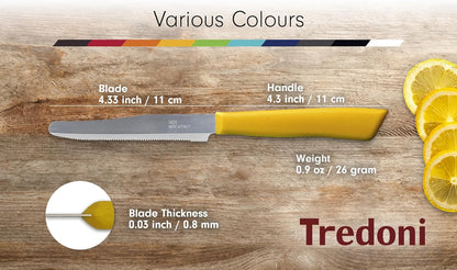 6 kitchen Knives - 4.3"/11cm Italian Stainless Steel Serrated Vegetable/Steak/Table Knife Cutlery, Rounded Tip (Yellow)