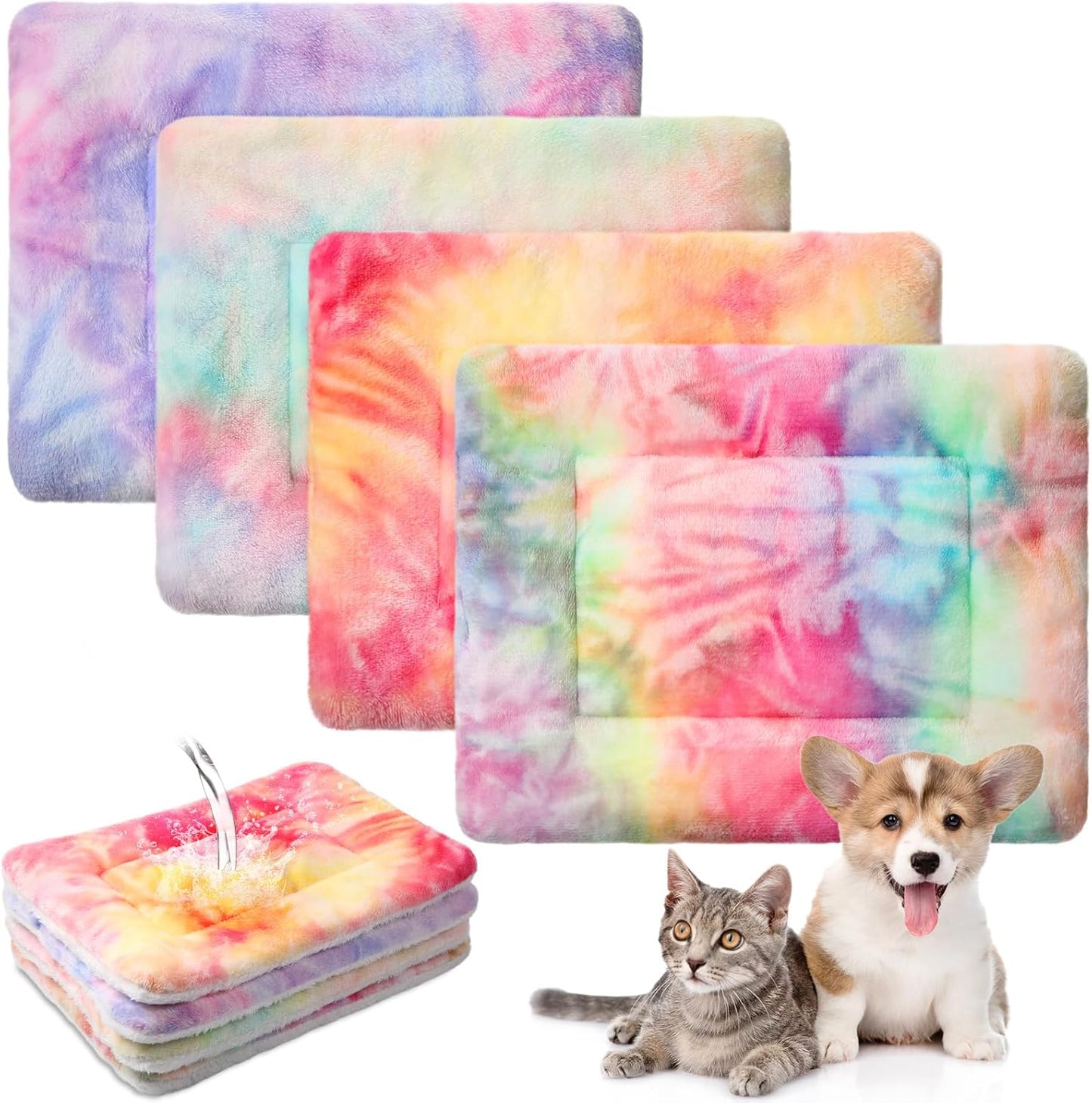 Haull 4 Pcs Waterproof Guinea Pig Bedding Soft Dog Cat Bed Crate Mat Small Animal Plush Cage Liners Rabbit Bunny Kennel Pad Reversible Cozy Pee Thickened Hamster Pad(Tie Dyed,13 x 18.5 Inch)