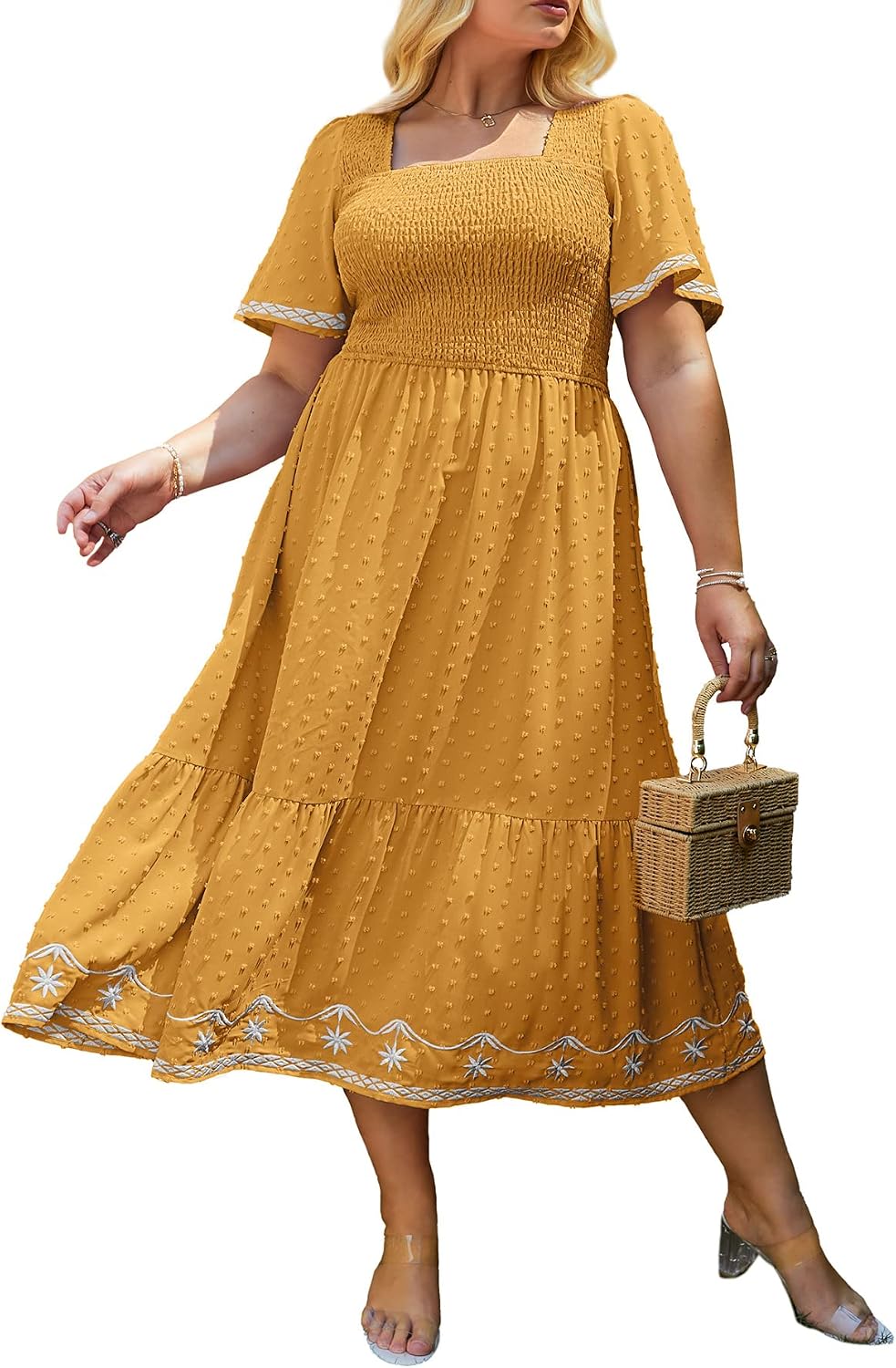 Women's Plus Size Summer Casual Short Sleeve Smocked Square Neck A Line Flowy Midi Dress Long Dress