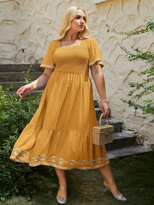 Women's Plus Size Summer Casual Short Sleeve Smocked Square Neck A Line Flowy Midi Dress Long Dress