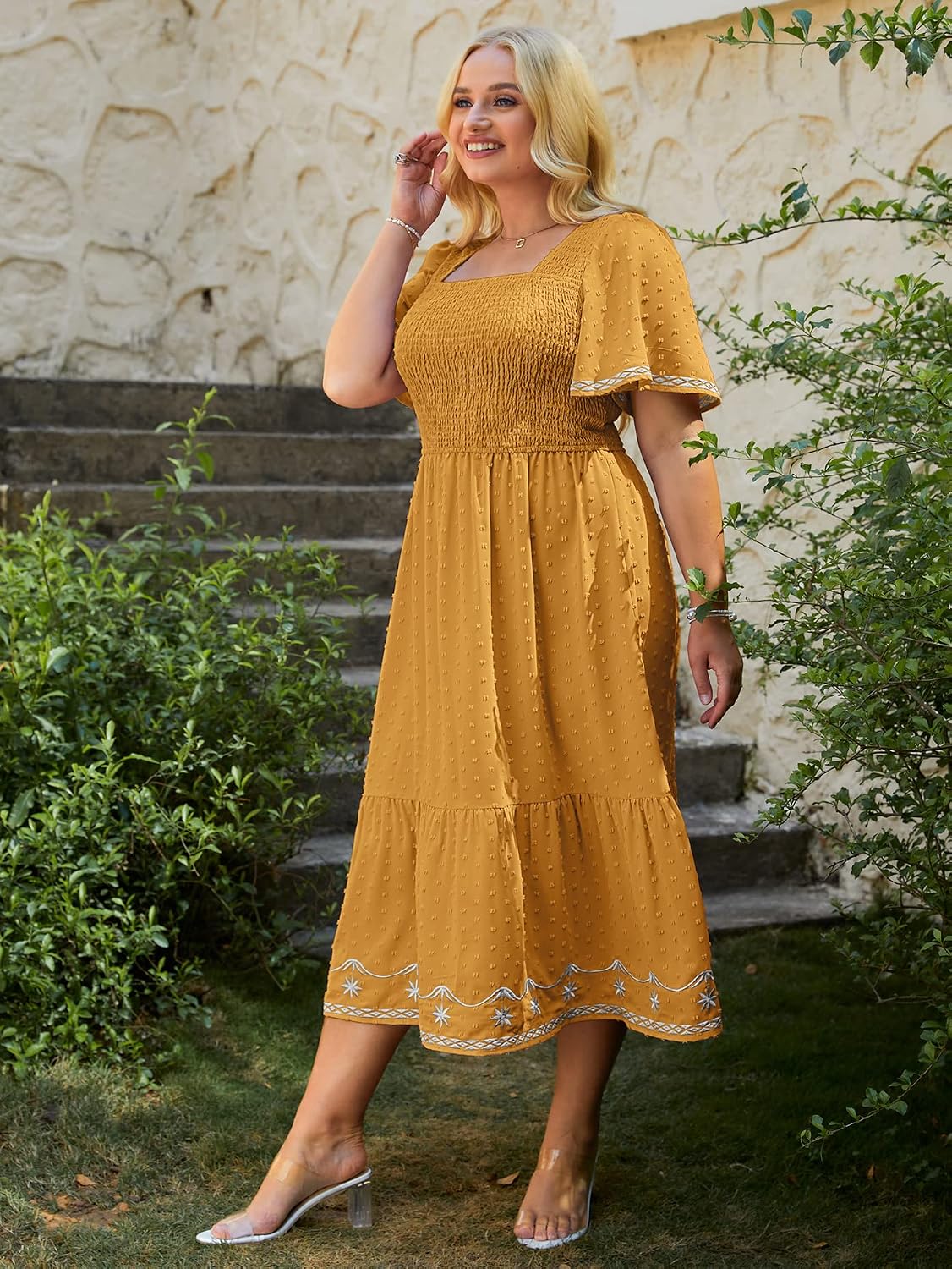 Women's Plus Size Summer Casual Short Sleeve Smocked Square Neck A Line Flowy Midi Dress Long Dress