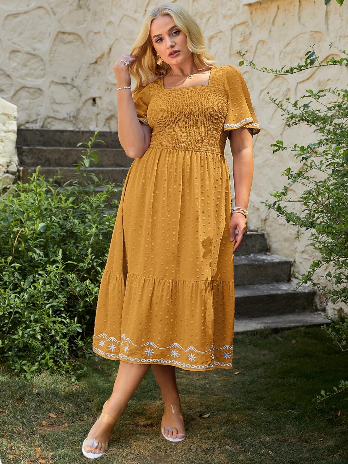 Women's Plus Size Summer Casual Short Sleeve Smocked Square Neck A Line Flowy Midi Dress Long Dress