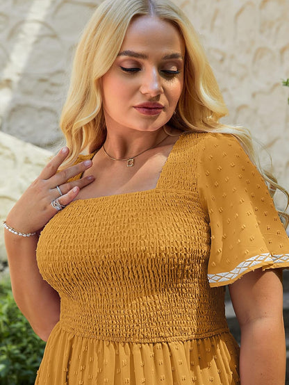 Women's Plus Size Summer Casual Short Sleeve Smocked Square Neck A Line Flowy Midi Dress Long Dress