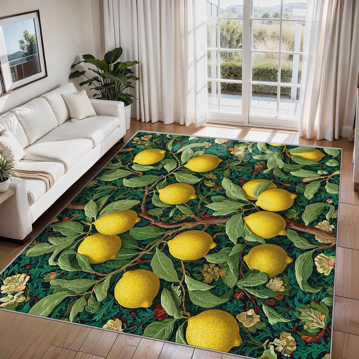 Lemon Rug 4x5, Washable Botanical Green Maximalist Pattern Washable Area Rugs for Living Room, Lemon Home Accessories, Soft Non Slip Thin (BH60)