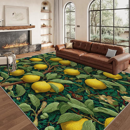 Lemon Rug 4x5, Washable Botanical Green Maximalist Pattern Washable Area Rugs for Living Room, Lemon Home Accessories, Soft Non Slip Thin (BH60)