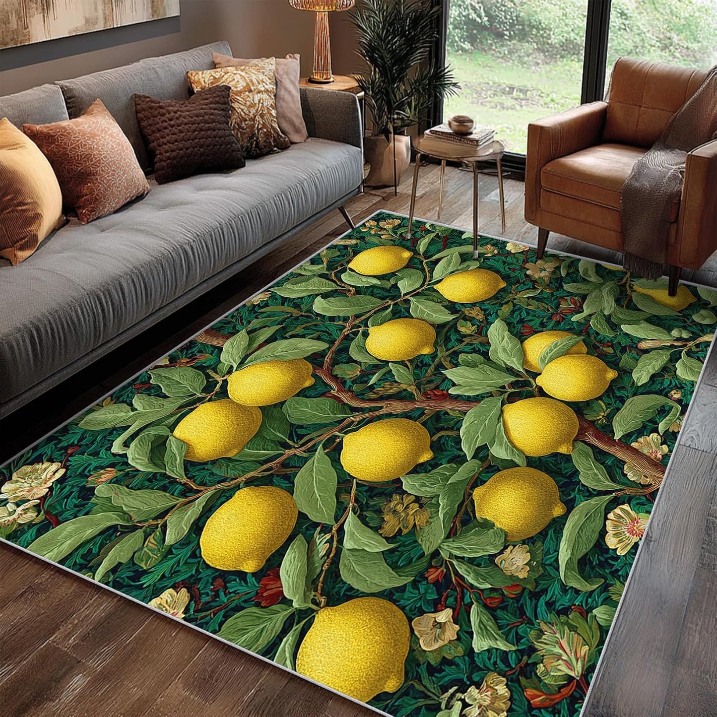 Lemon Rug 4x5, Washable Botanical Green Maximalist Pattern Washable Area Rugs for Living Room, Lemon Home Accessories, Soft Non Slip Thin (BH60)