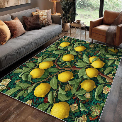Lemon Rug 4x5, Washable Botanical Green Maximalist Pattern Washable Area Rugs for Living Room, Lemon Home Accessories, Soft Non Slip Thin (BH60)