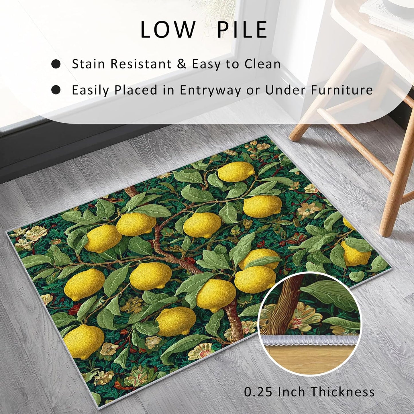 Lemon Rug 4x5, Washable Botanical Green Maximalist Pattern Washable Area Rugs for Living Room, Lemon Home Accessories, Soft Non Slip Thin (BH60)