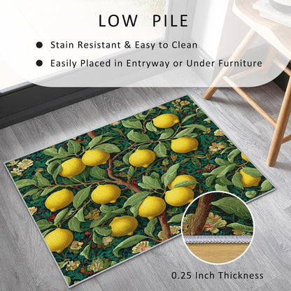 Lemon Rug 4x5, Washable Botanical Green Maximalist Pattern Washable Area Rugs for Living Room, Lemon Home Accessories, Soft Non Slip Thin (BH60)