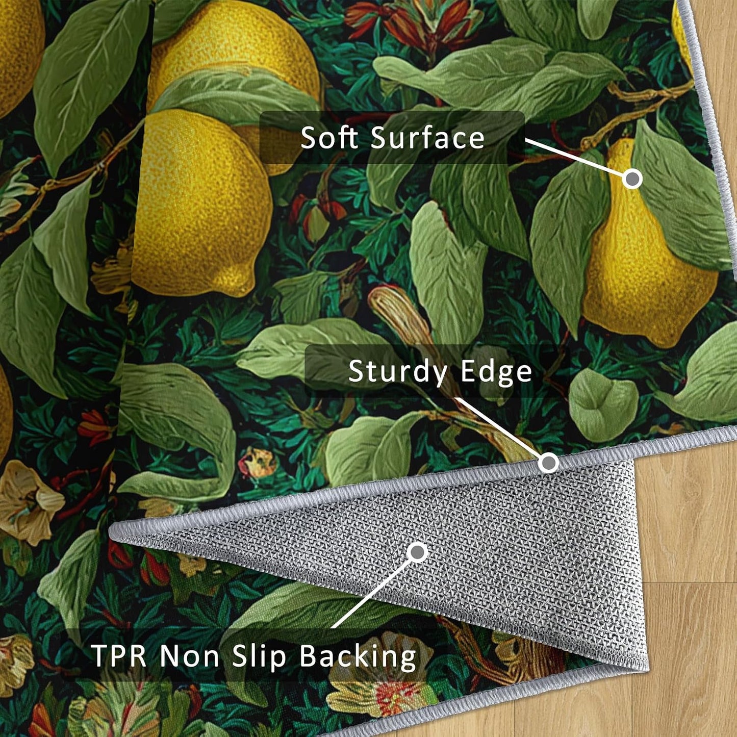 Lemon Rug 4x5, Washable Botanical Green Maximalist Pattern Washable Area Rugs for Living Room, Lemon Home Accessories, Soft Non Slip Thin (BH60)