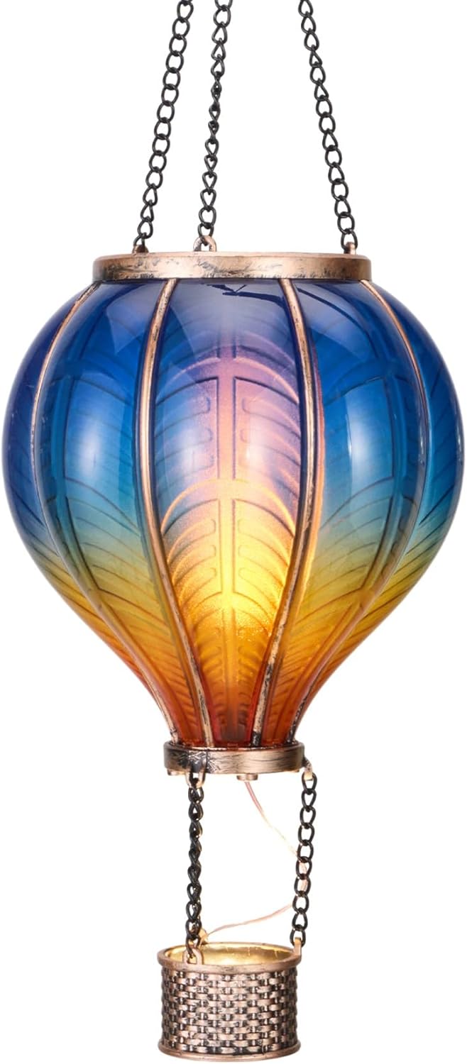 Hot Air Balloon Lantern for Garden Decor ,Flickering Flame Hanging Light for Outdoor ,Blue & Yellow Plastic Lamp for Yard Tree Gift for Mom