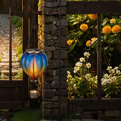 Hot Air Balloon Lantern for Garden Decor ,Flickering Flame Hanging Light for Outdoor ,Blue & Yellow Plastic Lamp for Yard Tree Gift for Mom