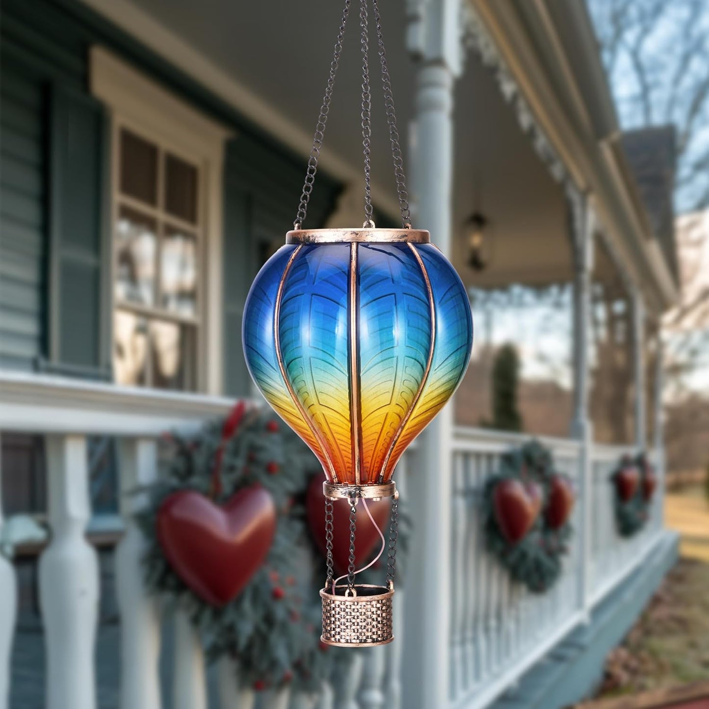 Hot Air Balloon Lantern for Garden Decor ,Flickering Flame Hanging Light for Outdoor ,Blue & Yellow Plastic Lamp for Yard Tree Gift for Mom