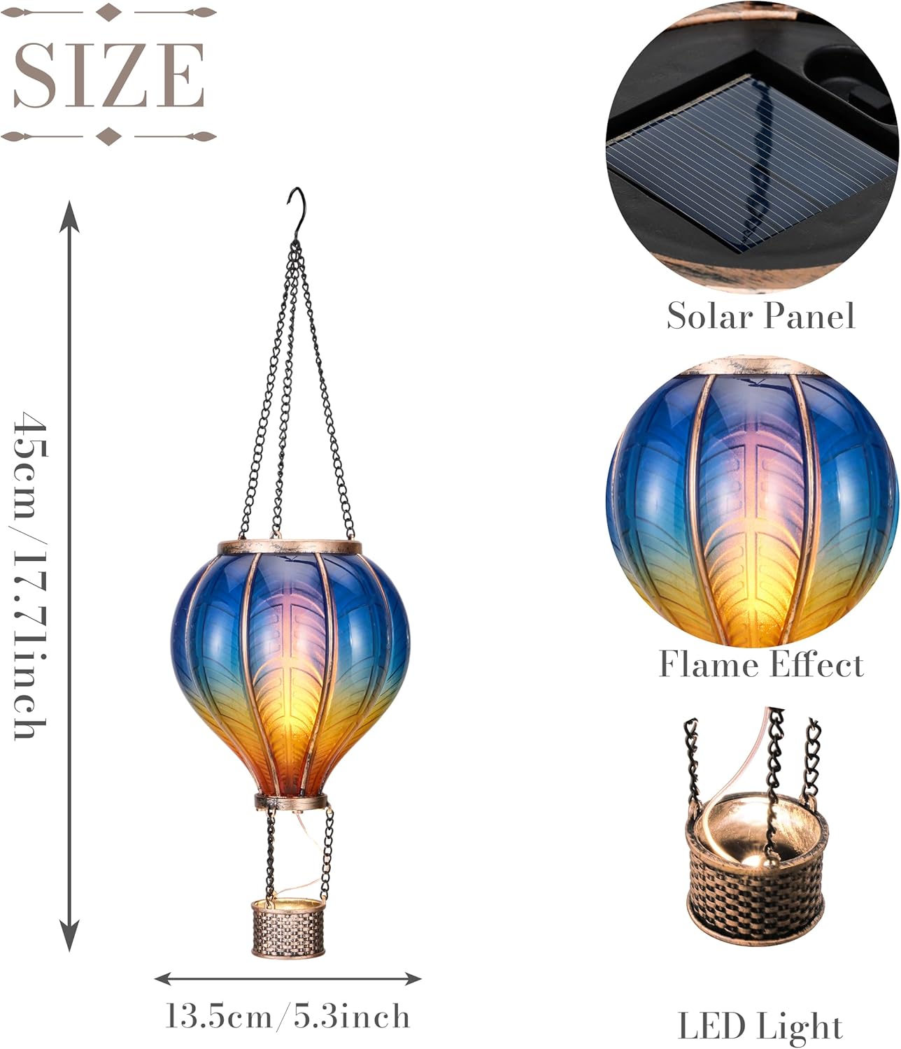 Hot Air Balloon Lantern for Garden Decor ,Flickering Flame Hanging Light for Outdoor ,Blue & Yellow Plastic Lamp for Yard Tree Gift for Mom