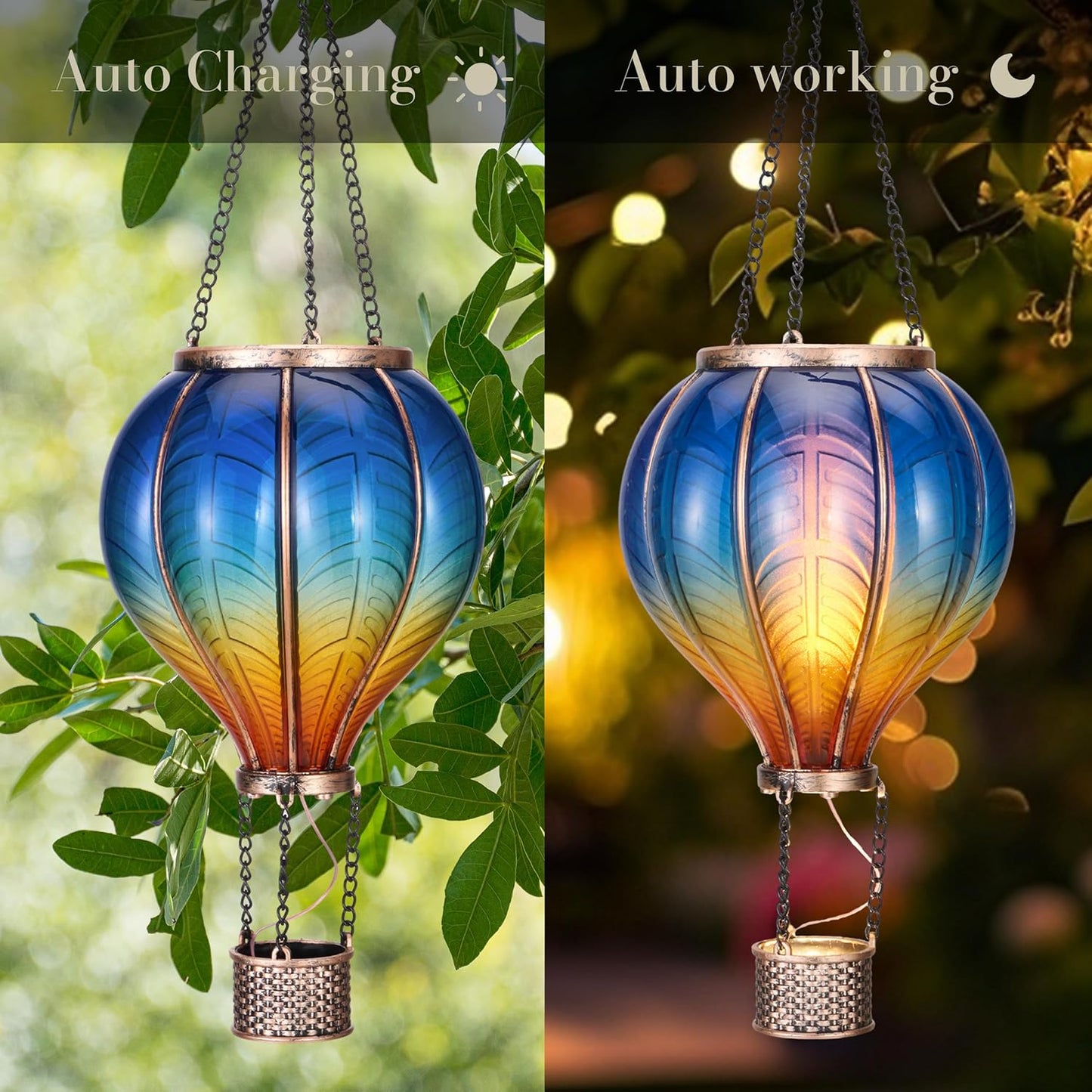 Hot Air Balloon Lantern for Garden Decor ,Flickering Flame Hanging Light for Outdoor ,Blue & Yellow Plastic Lamp for Yard Tree Gift for Mom