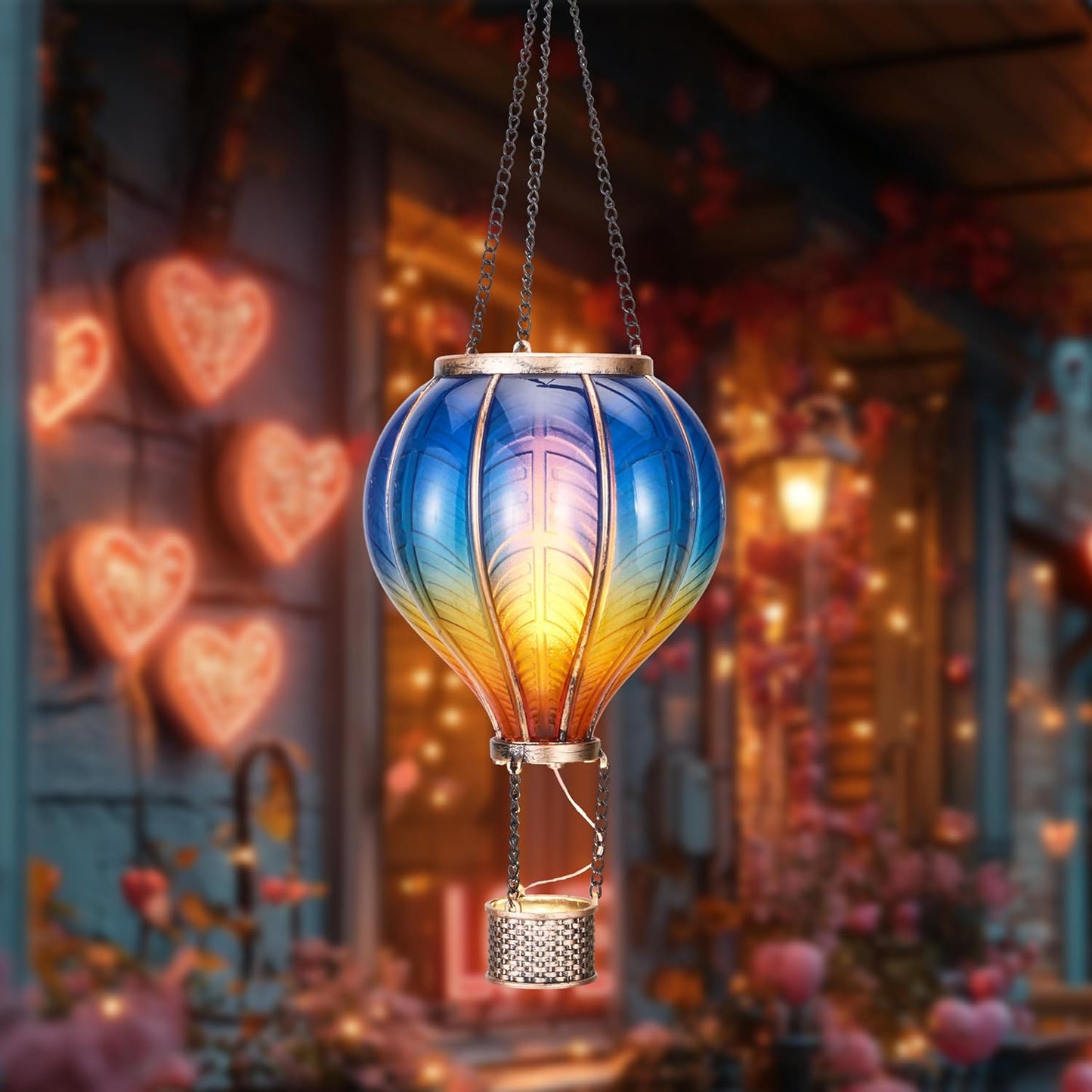 Hot Air Balloon Lantern for Garden Decor ,Flickering Flame Hanging Light for Outdoor ,Blue & Yellow Plastic Lamp for Yard Tree Gift for Mom