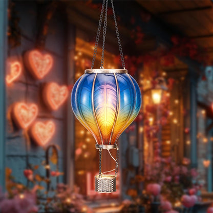 Hot Air Balloon Lantern for Garden Decor ,Flickering Flame Hanging Light for Outdoor ,Blue & Yellow Plastic Lamp for Yard Tree Gift for Mom