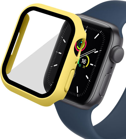2 in 1 Design Hard PC Case with Tempered Glass Screen Protector for Apple Watch 7/8/9,Ultra-Thin Scratch Resistant Smartwatch Cover for iWatch 45mm Accessories - Yellow