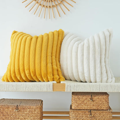 Faux Fur Plush Throw Pillow Covers, Mustard Yellow, 16 x 16-Inch | Pack of 2, Couch Cushion Case, Soft Pillowcases, Decorative