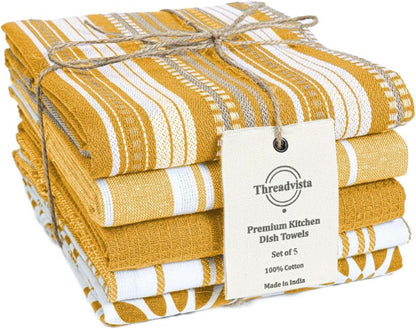 Cotton Kitchen Towels Set of 5 Mustard Yellow Assorted Dish Towels 16x26