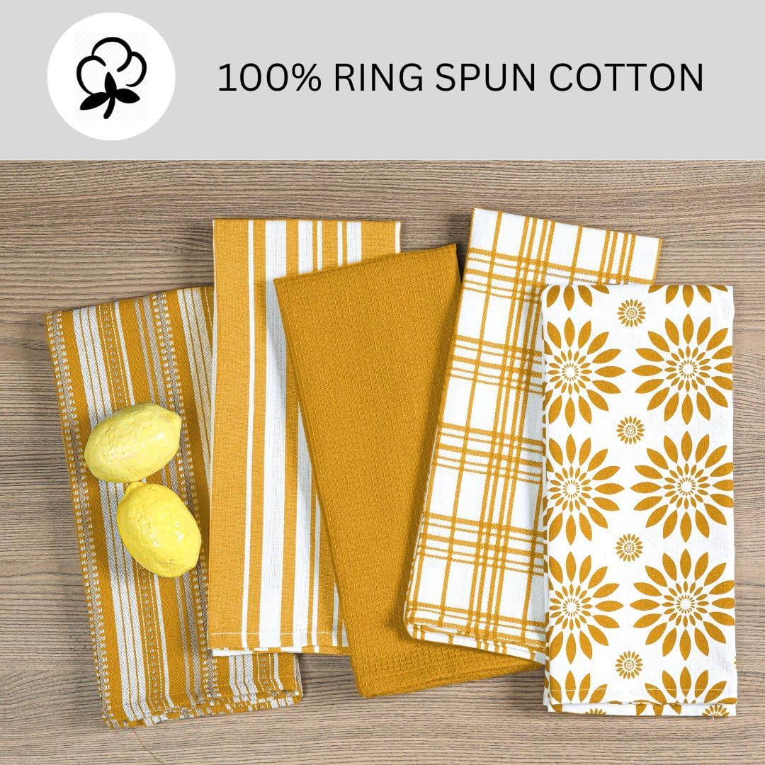 Cotton Kitchen Towels Set of 5 Mustard Yellow Assorted Dish Towels 16x26