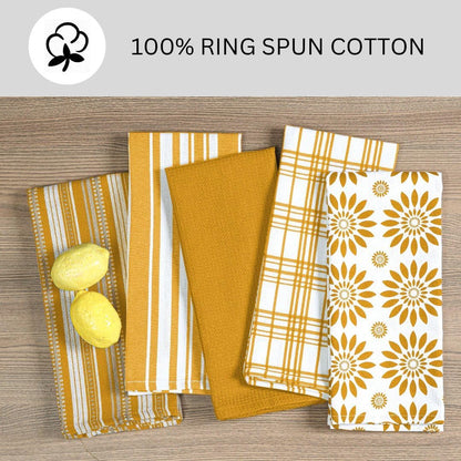 Cotton Kitchen Towels Set of 5 Mustard Yellow Assorted Dish Towels 16x26