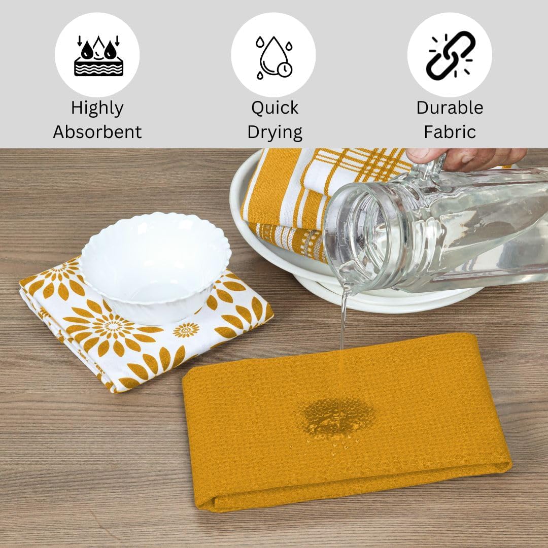 Cotton Kitchen Towels Set of 5 Mustard Yellow Assorted Dish Towels 16x26