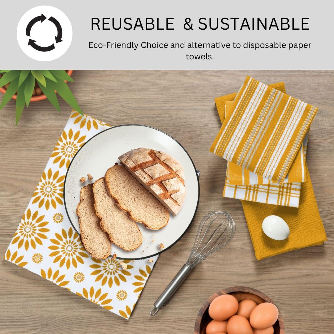 Cotton Kitchen Towels Set of 5 Mustard Yellow Assorted Dish Towels 16x26