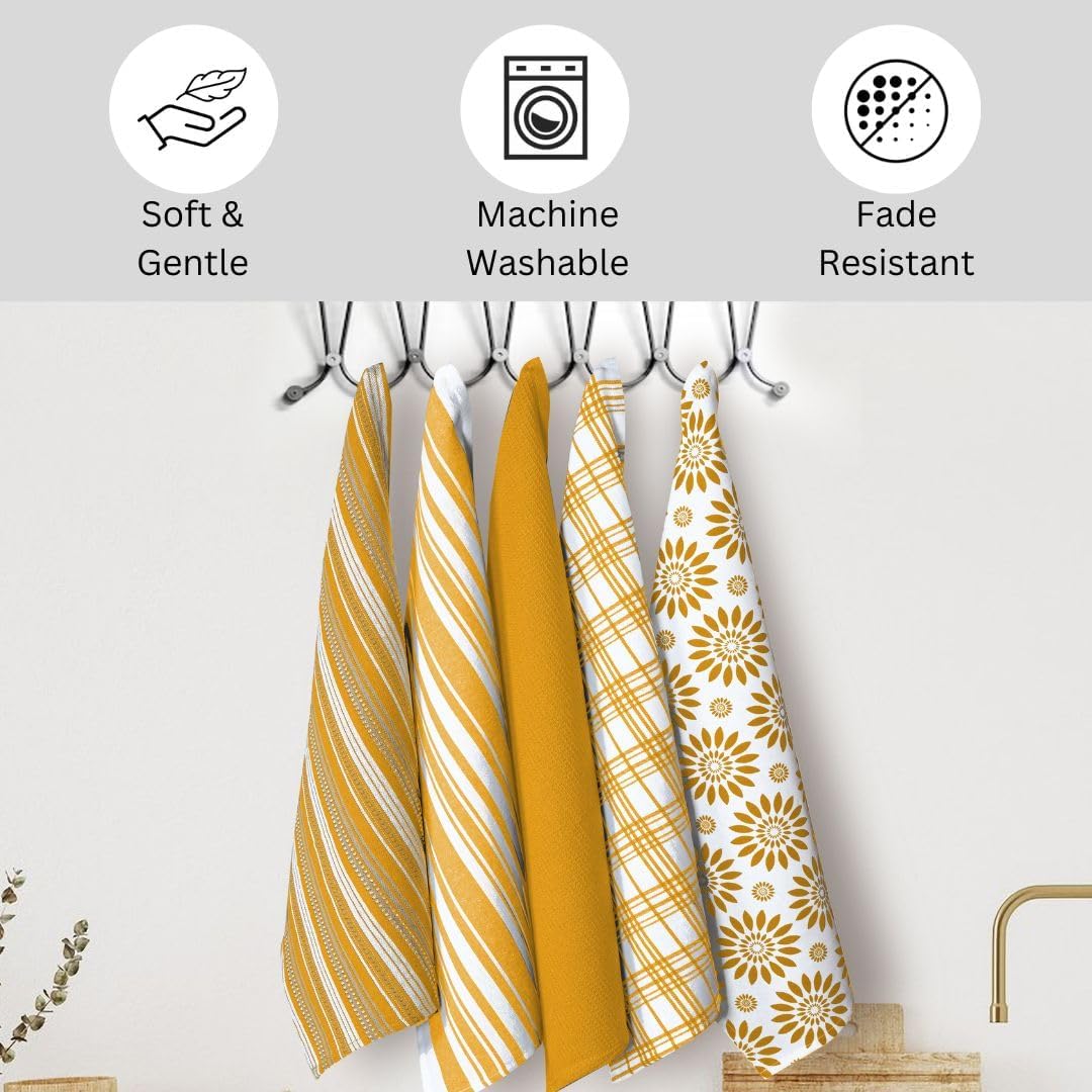 Cotton Kitchen Towels Set of 5 Mustard Yellow Assorted Dish Towels 16x26