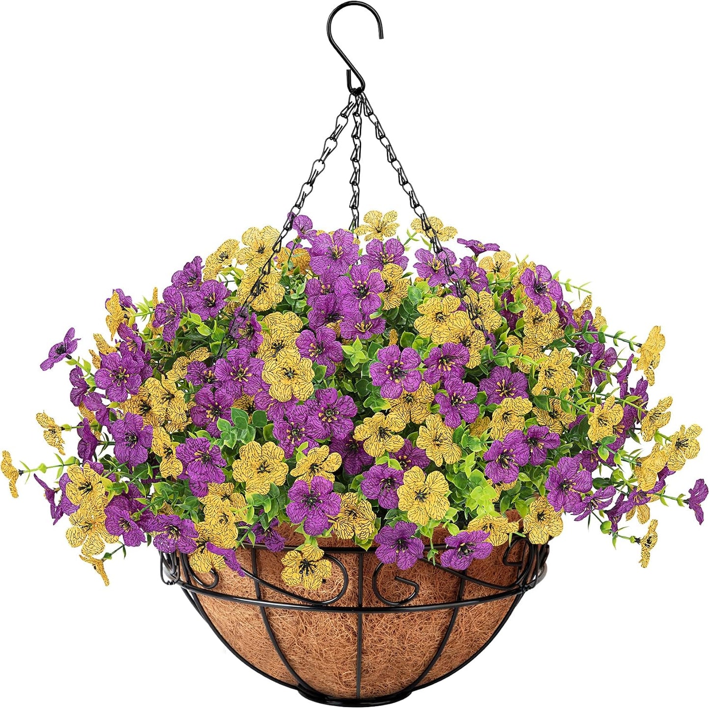 Artificial Fake Hanging Flowers Basket Outdoors, Yellow Purple | Faux silk flowers, look real daisy eucalyptus, UV resistant, for summer garden porch home patio balcony yard decorations