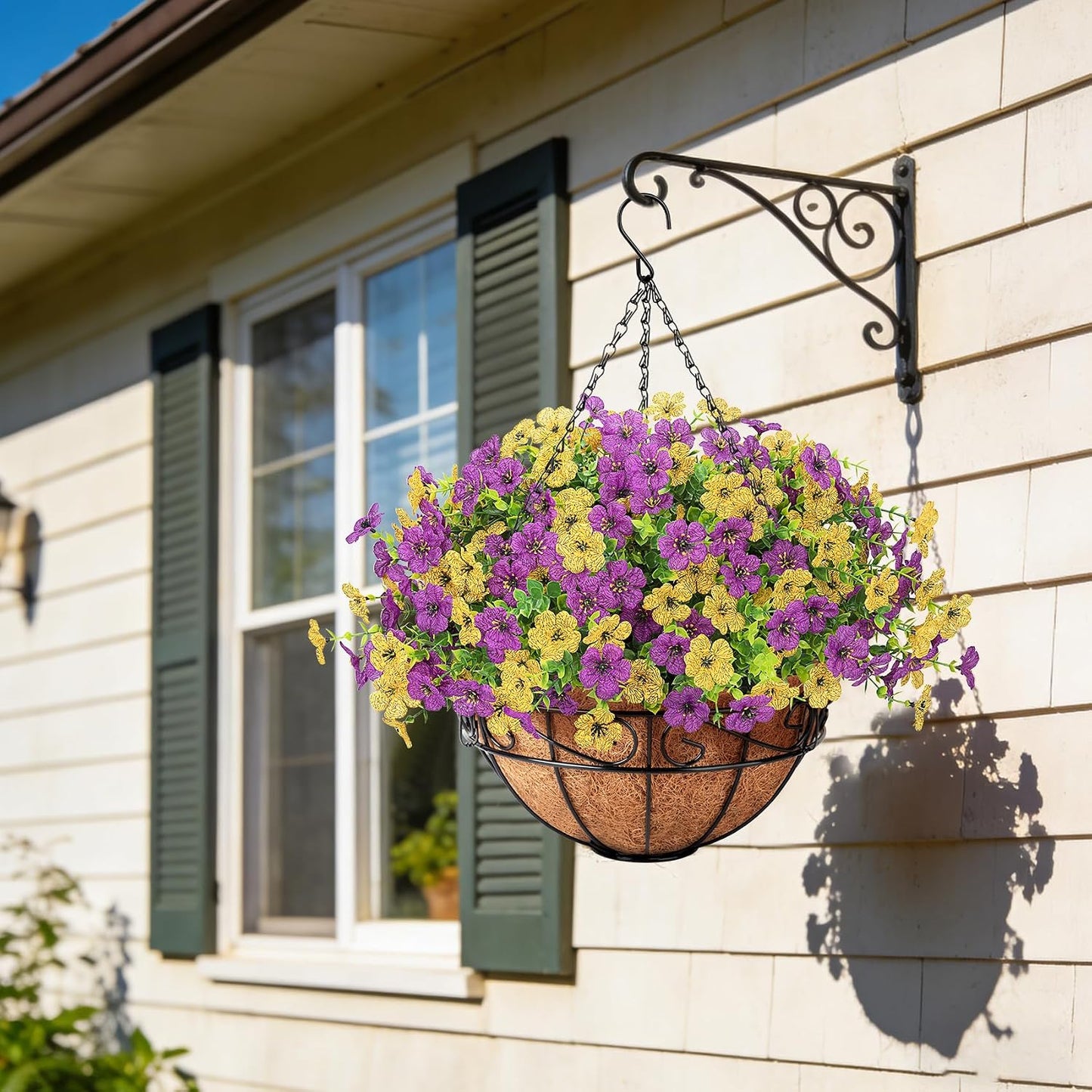 Artificial Fake Hanging Flowers Basket Outdoors, Yellow Purple | Faux silk flowers, look real daisy eucalyptus, UV resistant, for summer garden porch home patio balcony yard decorations