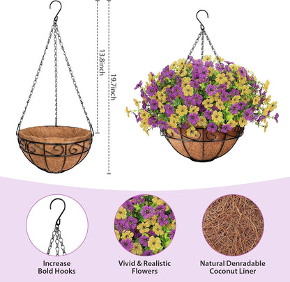 Artificial Fake Hanging Flowers Basket Outdoors, Yellow Purple | Faux silk flowers, look real daisy eucalyptus, UV resistant, for summer garden porch home patio balcony yard decorations