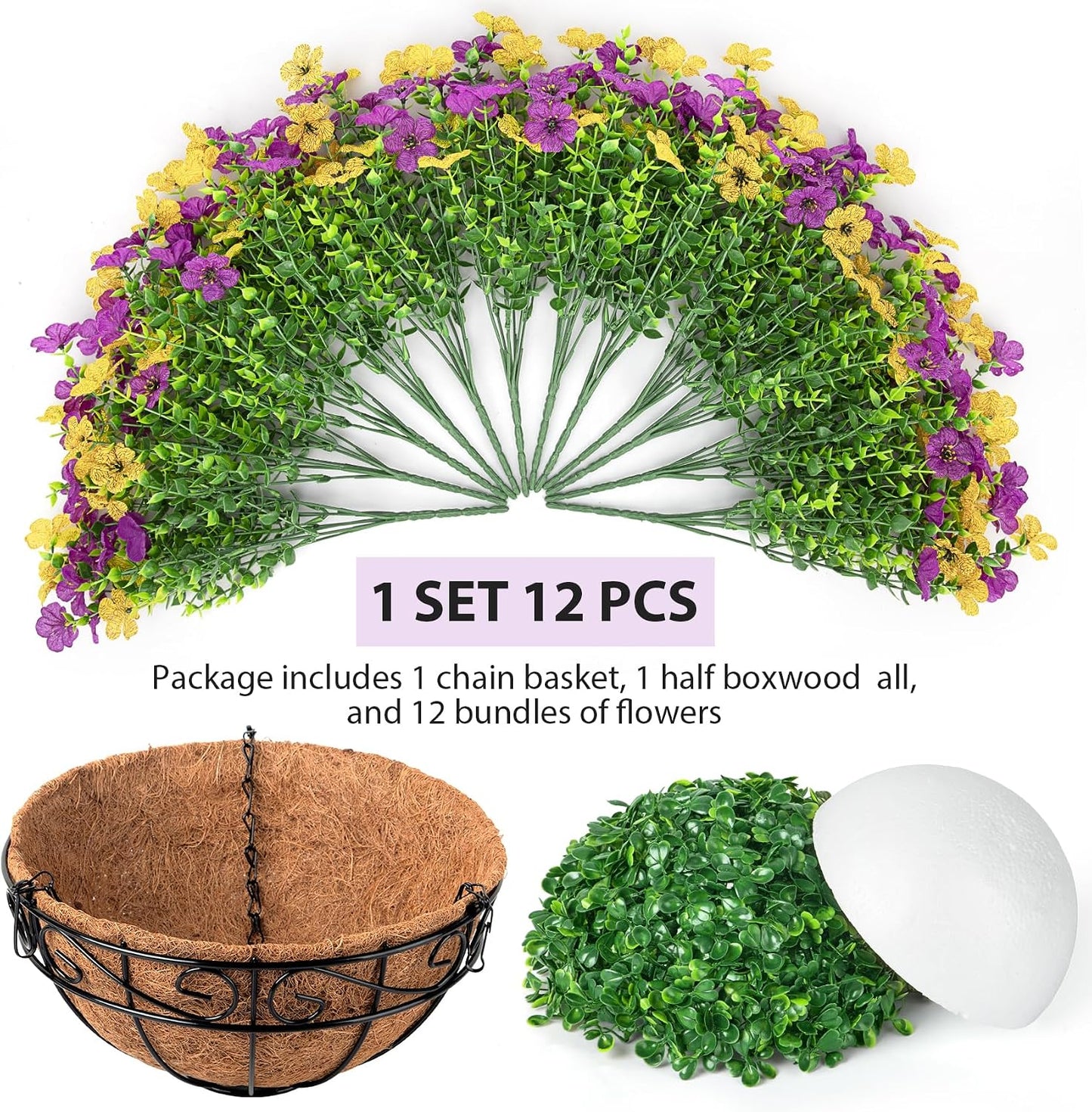 Artificial Fake Hanging Flowers Basket Outdoors, Yellow Purple | Faux silk flowers, look real daisy eucalyptus, UV resistant, for summer garden porch home patio balcony yard decorations