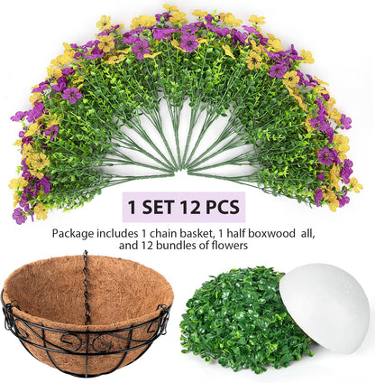 Artificial Fake Hanging Flowers Basket Outdoors, Yellow Purple | Faux silk flowers, look real daisy eucalyptus, UV resistant, for summer garden porch home patio balcony yard decorations